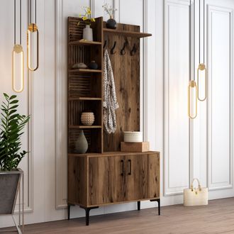 Dmora Mueble De Entrada Pecchi, 8 Estantes, Perchero, Puerta Abatible, 90x35x200h Cm Marr&oacute;n Nogal