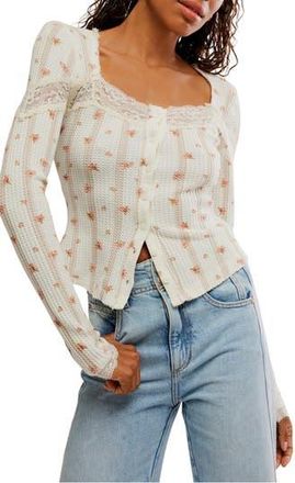 Free People Lets Party Floral Lace Trim Cotton Waffle Knit Button-Up Top in Tea Combo at Nordstrom Rack, Size X-Large