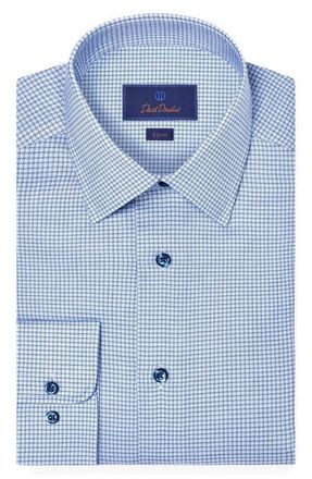 David Donahue Slim Fit Microcheck Cotton Stretch Twill Dress Shirt in Sky/Navy at Nordstrom, Size 17.5 - 34