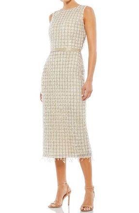 Mac Duggal Beaded Fringe Black Sleeveless Midi Dress in Champagne at Nordstrom, Size 16