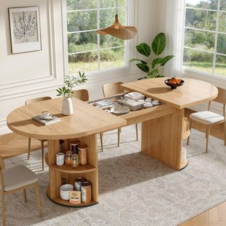 Merax Multifunctional Extendable Oval Dining Table with Hidden Storage in Natural