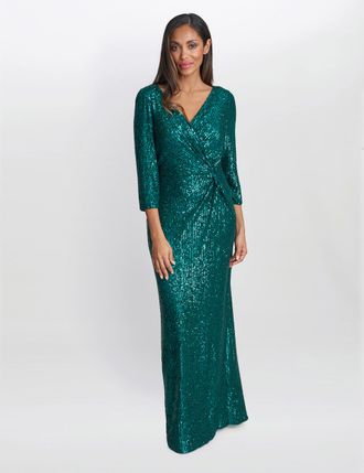 Gina Bacconi Womens Jacynda Sequin 3/4 Sleeve Wrap Dress With Twist - Emerald - Size 12 UK