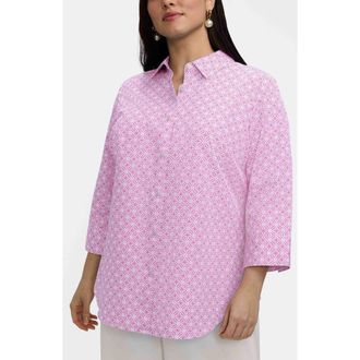 Foxcroft Margie Geo Lattice Three-Quarter Sleeve Button-Up Shirt in Pink/White at Nordstrom, Size 1 X