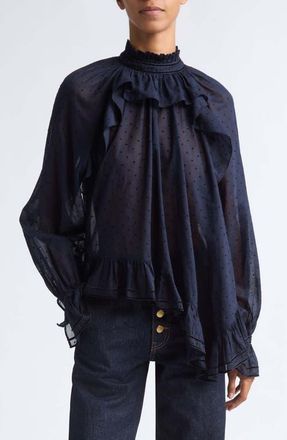 Ulla Johnson Marcella Clip Dot Ruffle Top in Nightfall at Nordstrom, Size 12