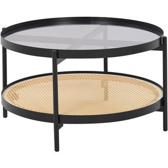 Beliani Tavolino con piano in vetro struttura rotonda in metallo 1 ripiano intreccio viennese legno chiaro Reno