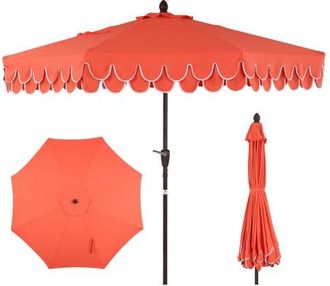 Jonathan Y Designs Tracy 9 ft. Classic MidCentury Scalloped Fringe Market Patio Umbrella with Auto-Tilt, Crank, Wind Vent and UV Protection in Coral Red at