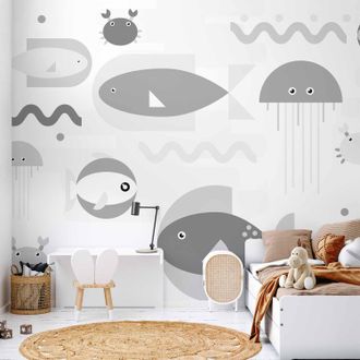 OEM Carta Da Parati - Oceano Grigio Minimalista - Pesci Geometrici Nellacqua Per Bambini
