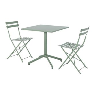 Sweeek Mesa de jard&iacute;n bistr&oacute; plegable de metal con 2 sillas, verde gris&aacute;ceo