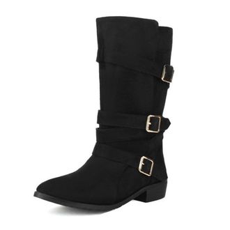 Generic Womens Pointed Toe Low Heels Western Cowgirl Boots Mid Calf Pull On with Buckle Straps Winter Casual Dress Shoes (Black,7.5)