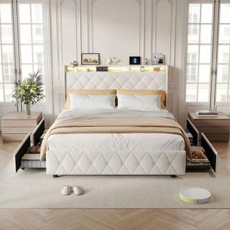 OEM Cama Doble - Cama 160x200 Con Almacenamiento - Terciopelo Beige - Led Integrada Y Usb-c - 4 Cajones