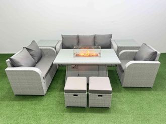 Fimous Patio PE Wicker 8 Seater Outdoor Rattan Furniture Sofa Sets w/ Firepit Dining Table Reclining Chair Loveseat Sofa 3 Seater Sofa Stool 2 Side