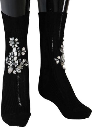 Dolce & Gabbana Zwarte Gebreide Bloemige Heldere Kristal Kousen