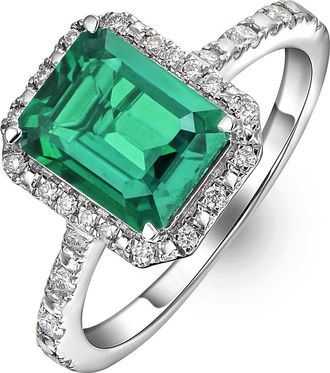 The Diamond Store Astra 1.50ct Lab Emerald and Diamond Halo Shoulder Set Octagon Cut Ring in Silver