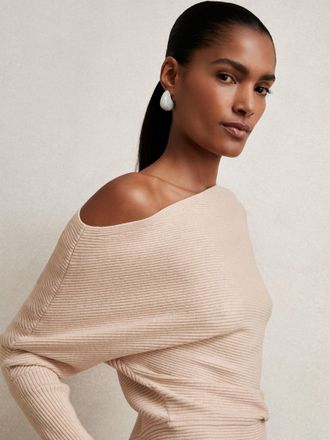 Reiss Oatmeal Neutral Asymmetric Drape Knitted Top, XS