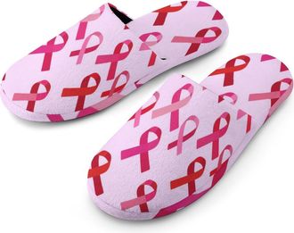 Generic Fight Breast Cancer Ribbon Warm Mens Slippers Slip On Soft Fleece House Shoes Winter Indoor Outdoor