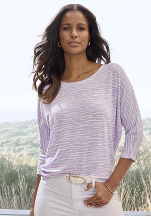 Lascana 3/4-Arm-Shirt LASCANA mit modischem Zebra-Muster, Damen, Gr. 32/34, lila, Strick, Obermaterial: 50% Viskose (LENZING ECOVERO), 46% Polyester, 4% Elast