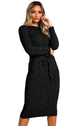 Generic MMK Womens Ladies Cable Knit Jumper Winter Wear Long Sleeve Pocket Tie Belted Waist Midi Maxi Fancy Dress (Black)