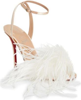 Christian Louboutin Miss Z Loubipoupi Feather Embellished Ankle Strap Sandal in Blush/Ivory at Nordstrom, Size 10.5Us