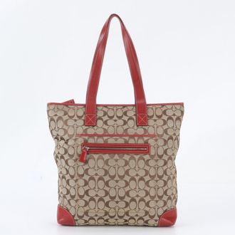 Coach Beige Red Color Leather Canvas Handbag Shoulder Bag Tote Bag (Pre-Owned)