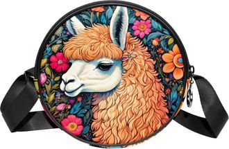 Generic Circle Crossbody Bag for Women, Color Drawing Alpaca Small Sling Bag Daypack with Zipper Adjustable Shoulder Straps Casual Ladies Girls Round Purse