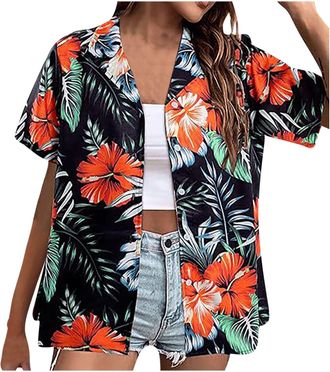 Generic Hawaiian Shirts for Women Summer Beach Shirt Trendy Tropical Floral Print Tshirts Casual Button Down Short Sleeve Blouses Plus Size Tees Fashion Outfi