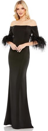 Mac Duggal Feather Trim Off The Shoulder Column Gown