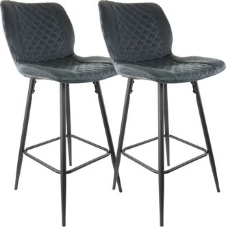 Elama 2 Piece Diamond Stitched Faux Leather Bar Chair in Black with Metal Legs
