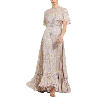 Mac Duggal Floral Print High Neck Cape Sleeve A Line Gown in Vintage Lilac at Nordstrom, Size 16