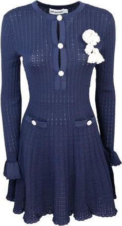Self Portrait Mini Navy Pointelle Crochet Flower Dress