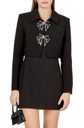 endless rose Rhinestone Bow Detail Crop Jacket in Black at Nordstrom, Size X-Small