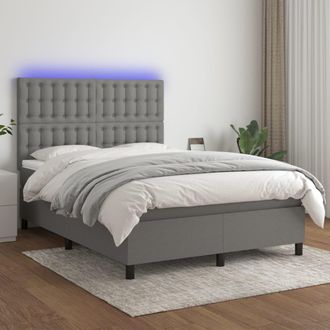 vidaXL Cama Box Spring Colch&oacute;n Y Luces Led Tela Gris Oscuro 140x190 Cm Vidaxl
