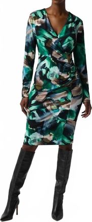 Joseph Ribkoff Abstract Print Silky Knit Wrap Midi Dress With Ornament In Black Multi