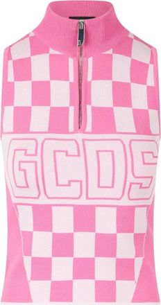 GCDS Top met halve rits en logo band in ruitpatroon - Dames - Tops zonder mouwen - Roze - XL - Tops