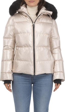 Gorski Apres-Ski Short Bomber Jacket with Detachable Genuine Shearling Hood Trim in Gold/black at Nordstrom, Size X-Small