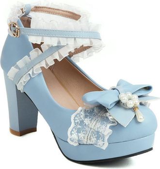 Generic Womens Lolita Style Pumps Block Heel Platform Shoes Lace Cross Strap Heels with Bow,Blue,5.5 UK