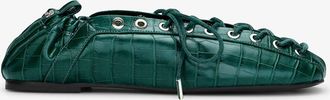 Ganni Green Lace-Up Ballerinas in Croco