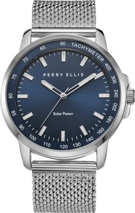Perry Ellis Solar Powered 3-Hand Quartz Mesh Strap Watch, 41mm in Silver at Nordstrom Rack
