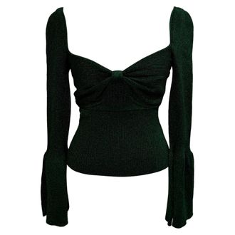 Self Portrait Lurex-Knit Bell-Sleeved Blouse in Olive Polyamide