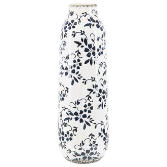 Beliani Florero Blanco Y Azul Gres Estampado De Flores 35 Cm Impermeable Mulai