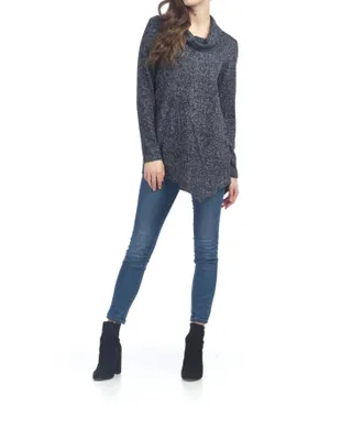 Papillon Cowl Neck Tweed Angle Hem Sweater Top In Navy