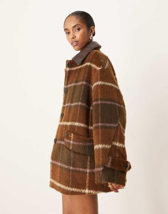 Asos Giacca oversize marrone a quadri con colletto in pelle sintetica-Multicolore