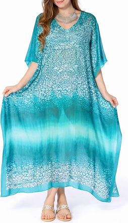 Ranee&rsquo;s Animal Print V-Neck Maxi Caftan in Aqua Blue at Nordstrom Rack