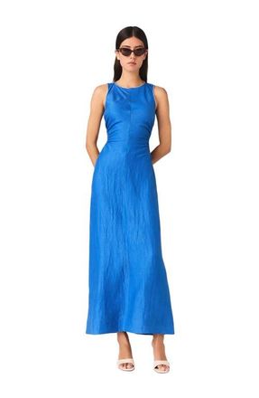 Maje Backless Linen-Blend Midi Dress in Blue at Nordstrom, Size 36 Eu