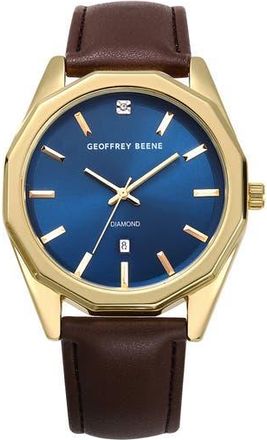 Geoffrey Beene Diamond Leather Strap Watch, 41mm in Gold at Nordstrom Rack