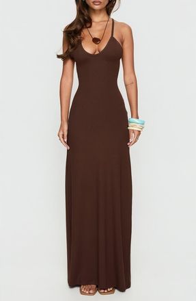 Princess Polly Pasita Halter Tie Up Maxi Dress in Chocolate at Nordstrom, Size 10