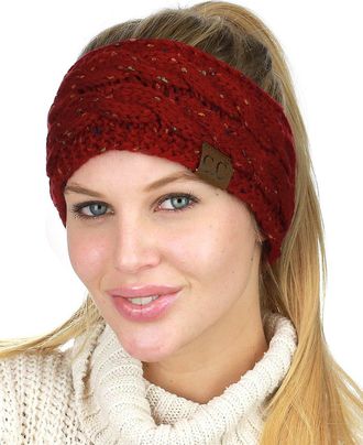 C.C Soft Stretch Winter Warm Cable Knit Fuzzy Lined Ear Warmer Headband, Confetti Burgundy, 1 Count (Pack of 1)