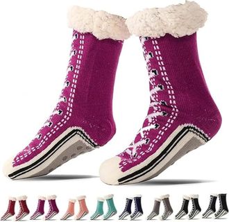 Generic Ultra-Thick Cashmere Slipper Home Socks, Women Non-Slip Fluffy Soft Warm Winter Socks with Grippers for Winter Indoor (Dark Purple)