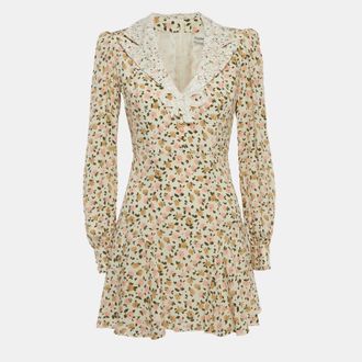 Alessandra Rich Cream Floral Print Lace Trim Mini Dress