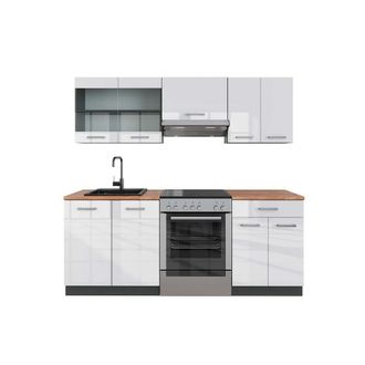 Vicco Mueble De Cocina R-line, Blanco Brillo/antracita, 200 Cm, Et Roble