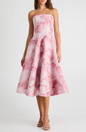 Helsi Vivi Bead Detail Print Strapless Cocktail Midi Dress in Rose Pink at Nordstrom, Size Large